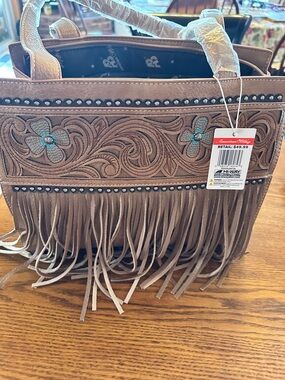NWT Fringed Floral Embroidered Tote Bag - Taupe